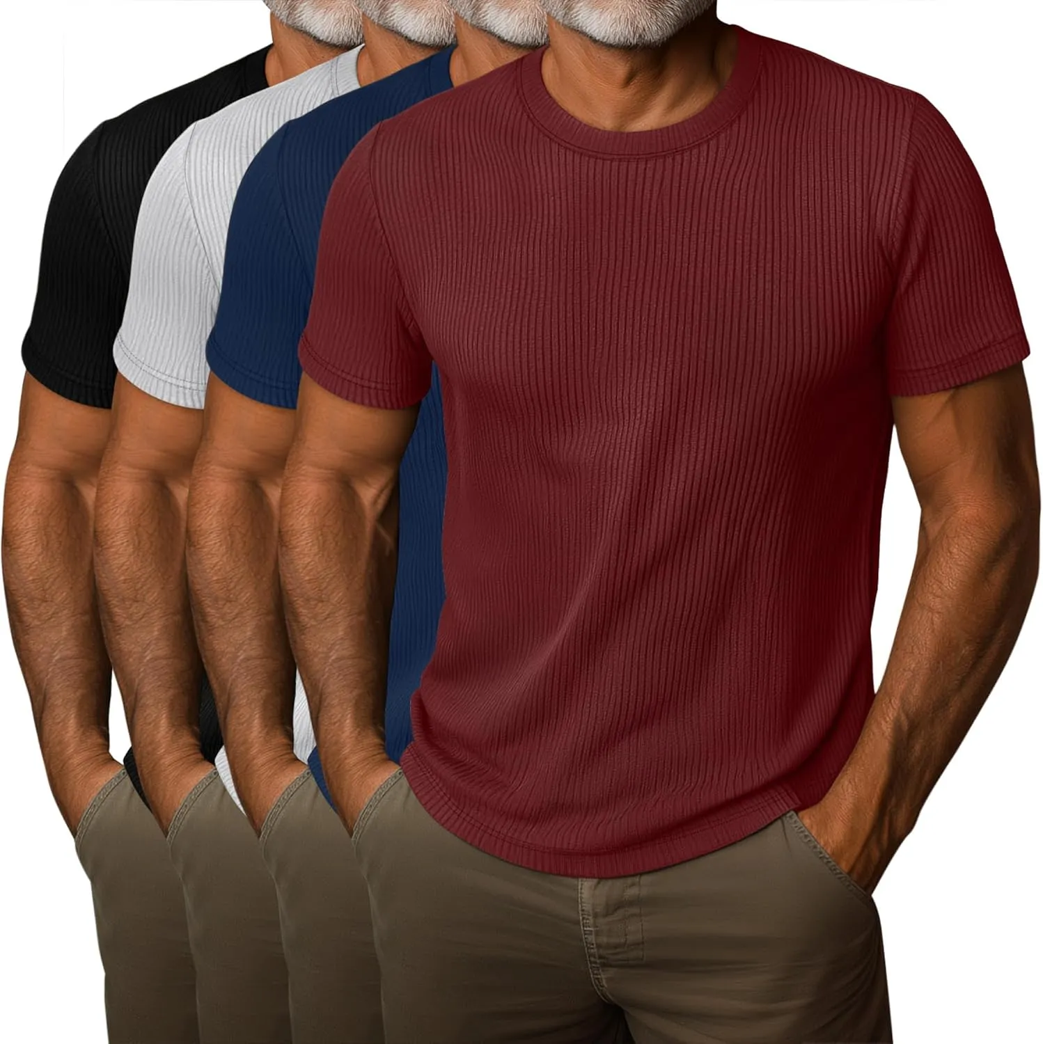 4 Pack Men's Short Sleeve T Shirts Crewneck Ribbed Knit Slim Fit Tops Basic Muscle Tee Shirts