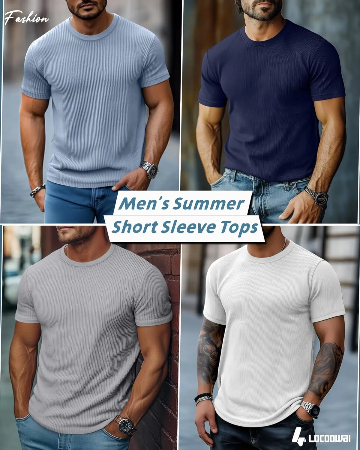 4 Pack Men's Short Sleeve T Shirts Crewneck Ribbed Knit Slim Fit Tops Basic Muscle Tee Shirts