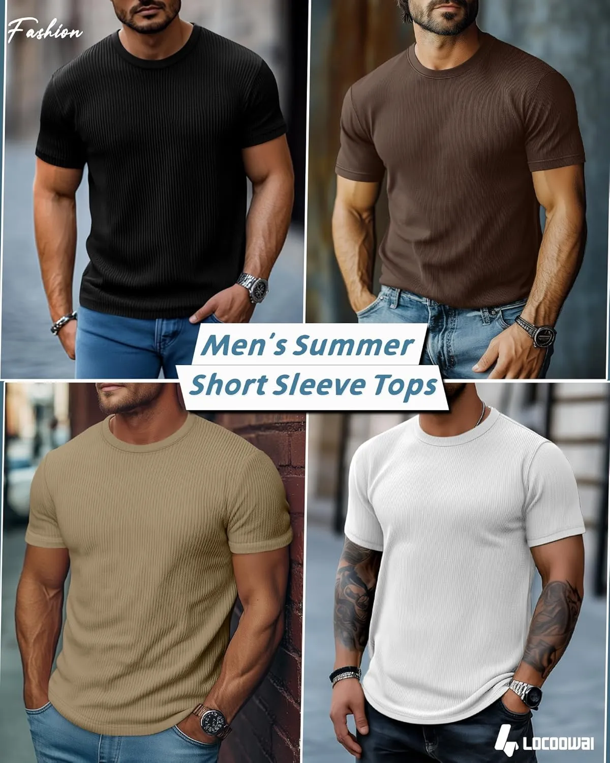 4 Pack Men's Short Sleeve T Shirts Crewneck Ribbed Knit Slim Fit Tops Basic Muscle Tee Shirts