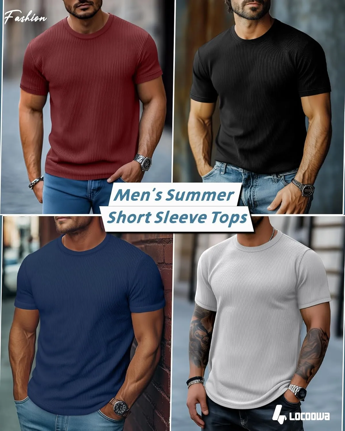 4 Pack Men's Short Sleeve T Shirts Crewneck Ribbed Knit Slim Fit Tops Basic Muscle Tee Shirts