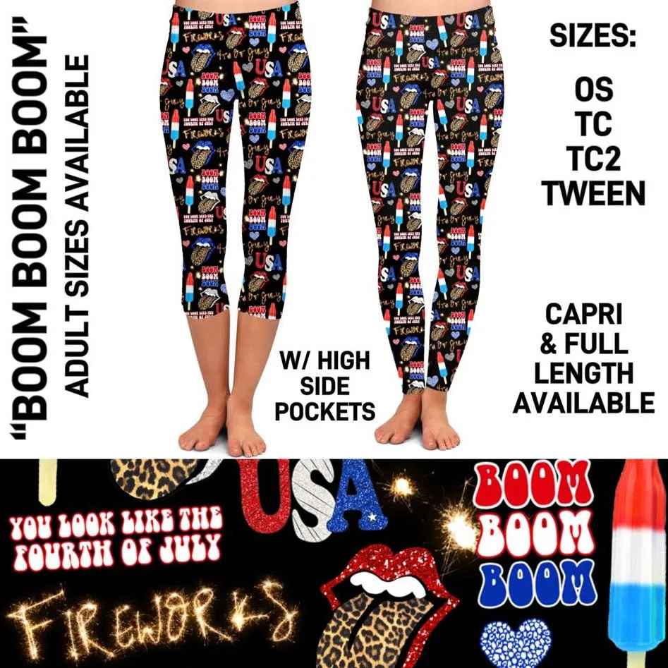 4th of July Fireworks Party Print Capri Soft Leggings w/ Pockets
