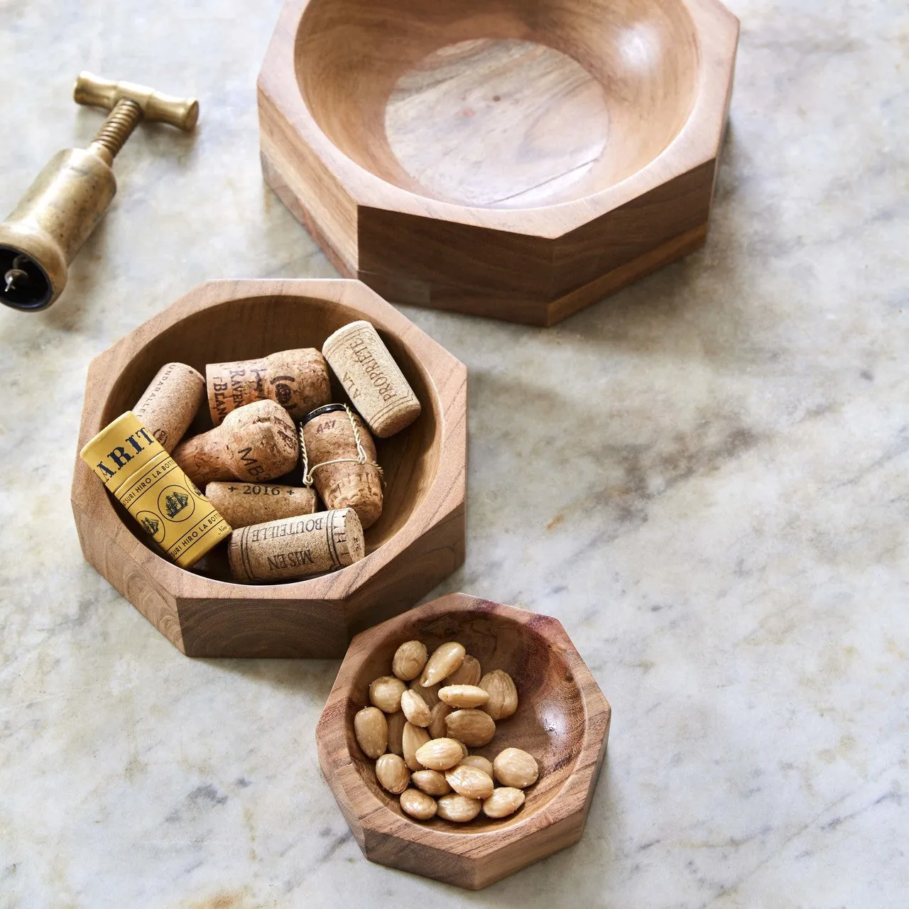 Acacia Wood Modernist Octagonal Bowl in Various Sizes