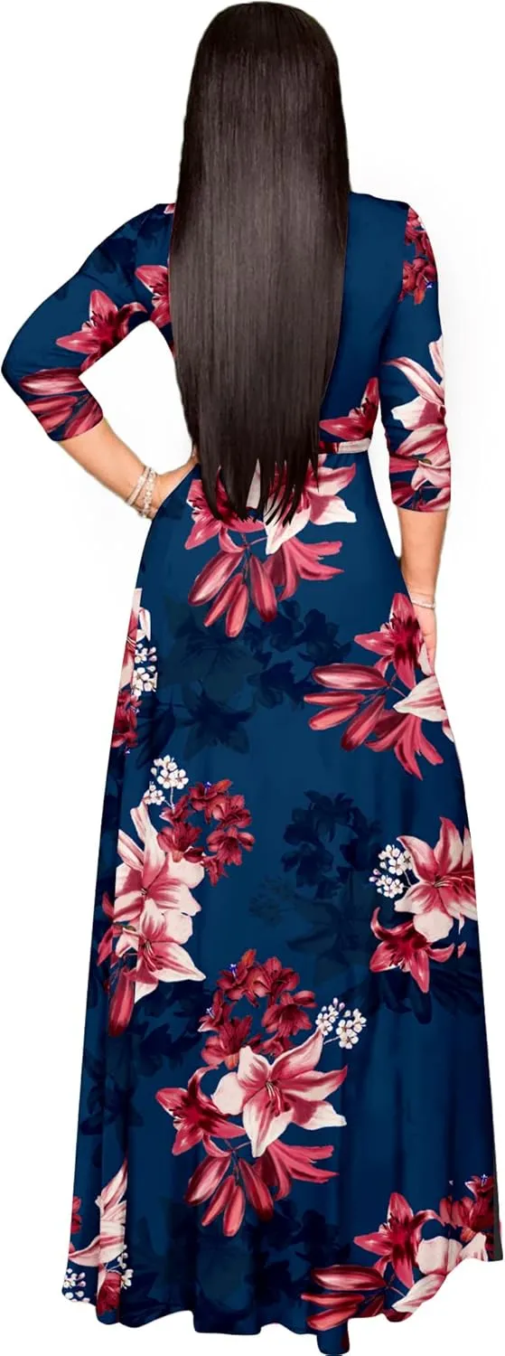 AOMONI Women's Floral Print Maxi Dresses Summer with Pockets Casual 3 4 Sleeve V-Neck Wrap Tie Waist Long Dress, M-3XL