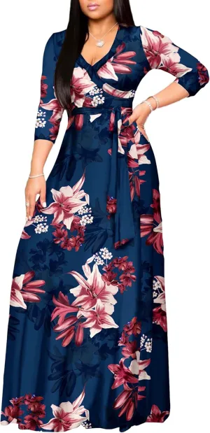 AOMONI Women's Floral Print Maxi Dresses Summer with Pockets Casual 3 4 Sleeve V-Neck Wrap Tie Waist Long Dress, M-3XL