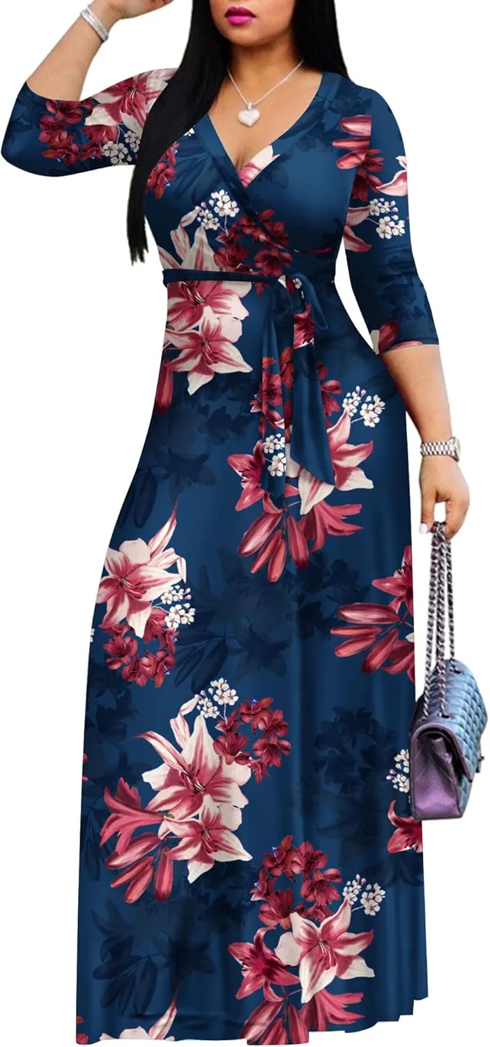 AOMONI Women's Floral Print Maxi Dresses Summer with Pockets Casual 3 4 Sleeve V-Neck Wrap Tie Waist Long Dress, M-3XL