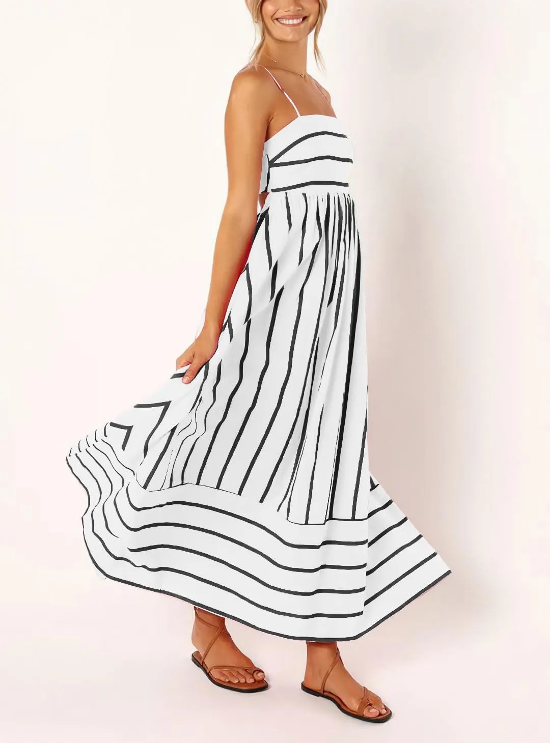 chouyatou Women's Striped Back Smocked Maxi Dress Sexy Spaghetti Strap Cut Out Flowy Swing Long Dress
