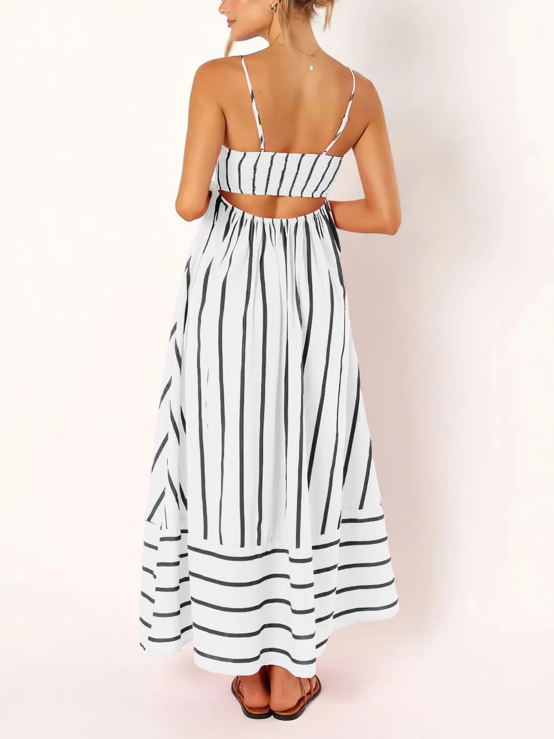 chouyatou Women's Striped Back Smocked Maxi Dress Sexy Spaghetti Strap Cut Out Flowy Swing Long Dress