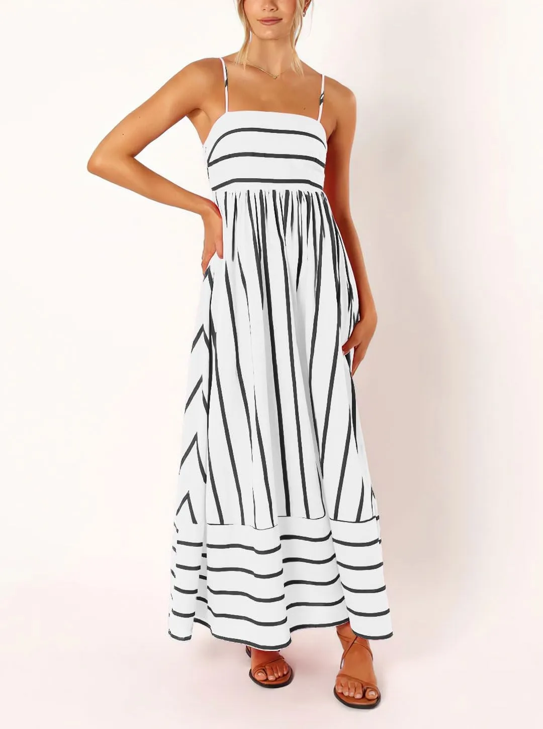 chouyatou Women's Striped Back Smocked Maxi Dress Sexy Spaghetti Strap Cut Out Flowy Swing Long Dress