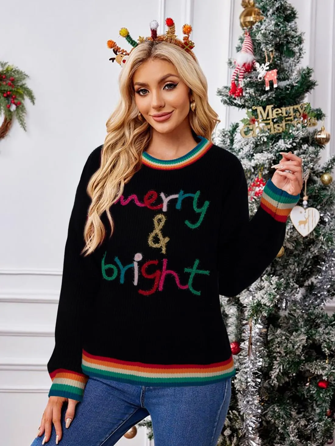 Christmas Sweater Womens Merry Bright Sweatshirt Sweater Casual Sequin Long Sleeve Pullover Sweatshirt Tops