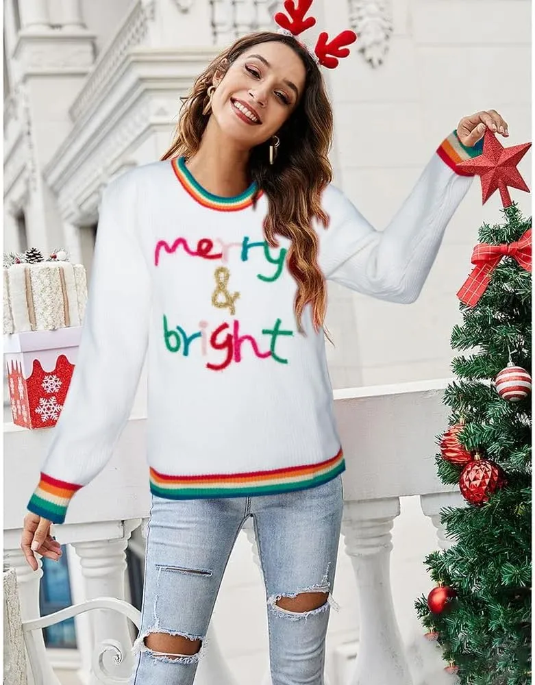 Christmas Sweater Womens Merry Bright Sweatshirt Sweater Casual Sequin Long Sleeve Pullover Sweatshirt Tops
