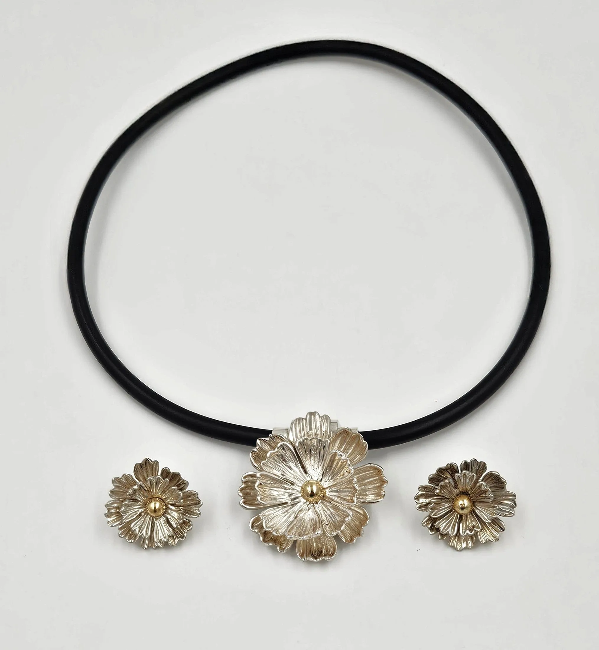 Designer Joseph Esposito Sterling 14k 3D Flowers Necklace   Earrings Set 90s