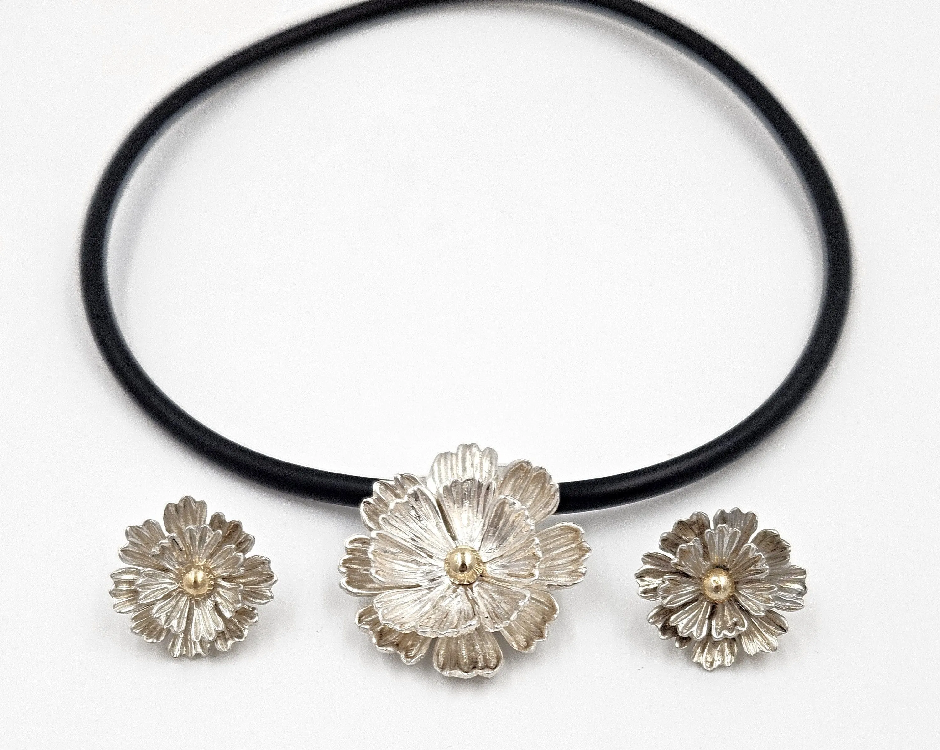 Designer Joseph Esposito Sterling 14k 3D Flowers Necklace   Earrings Set 90s