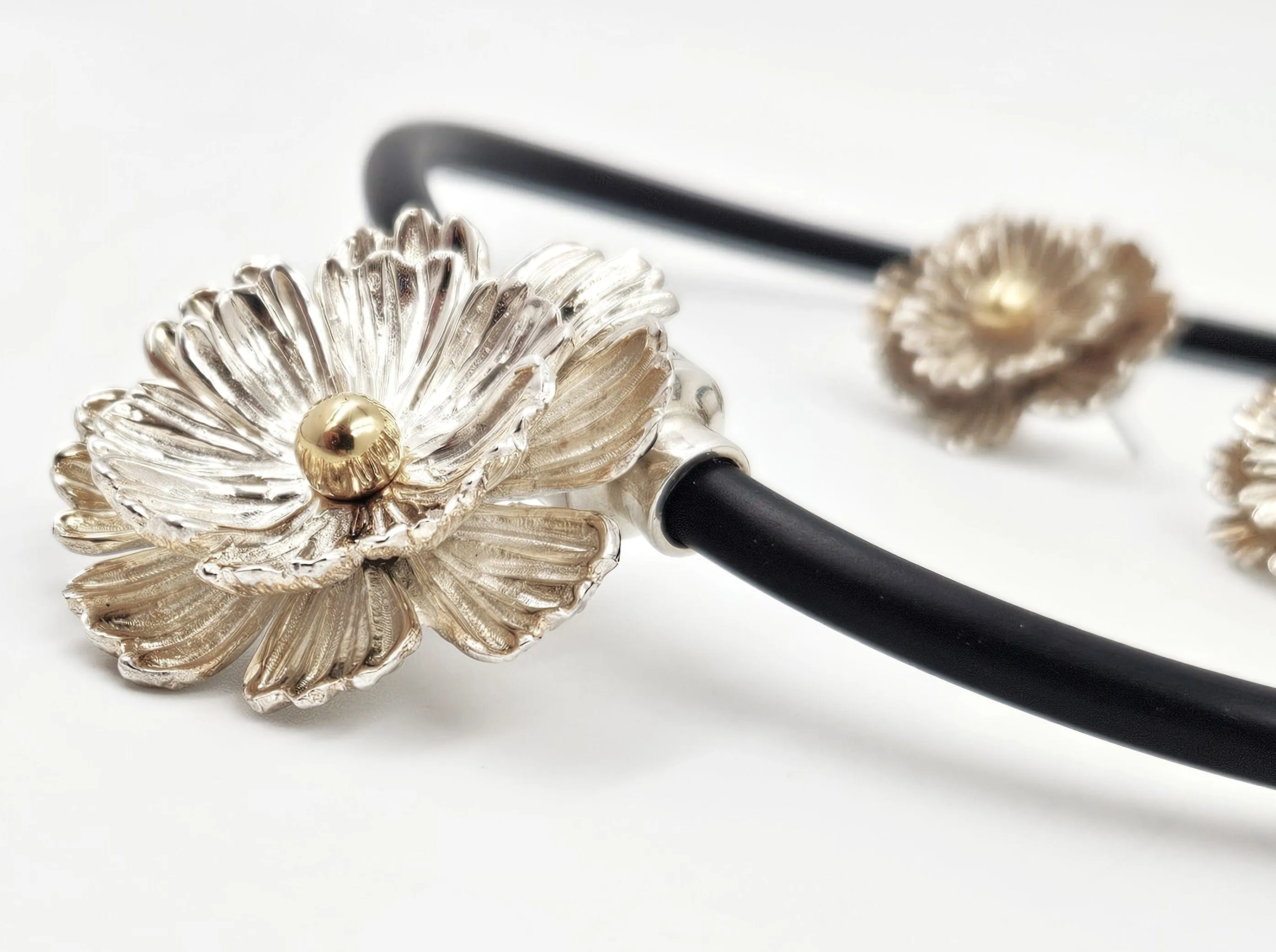 Designer Joseph Esposito Sterling 14k 3D Flowers Necklace   Earrings Set 90s