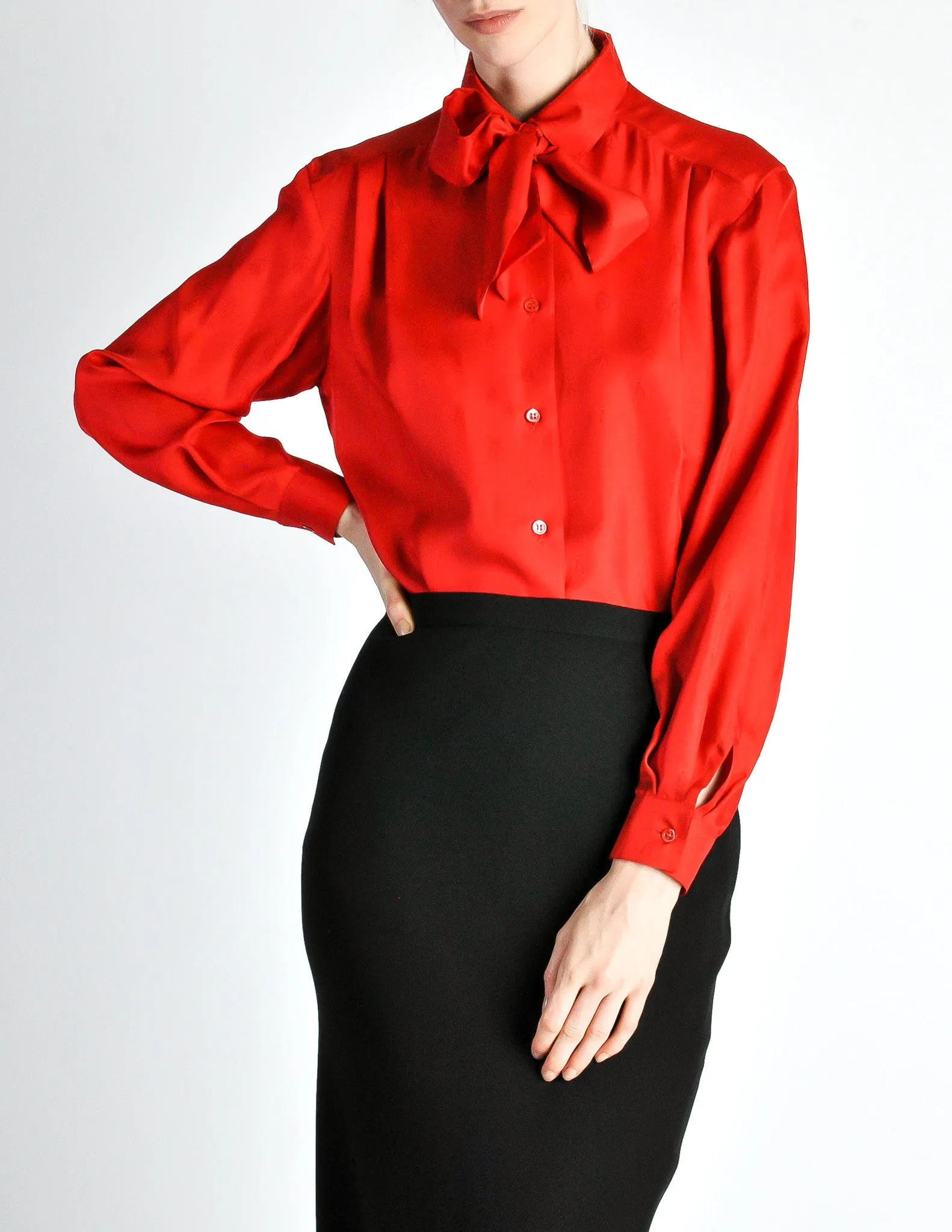Hermès Vintage Red Silk Bee Jacquard Secretary Blouse Shirt