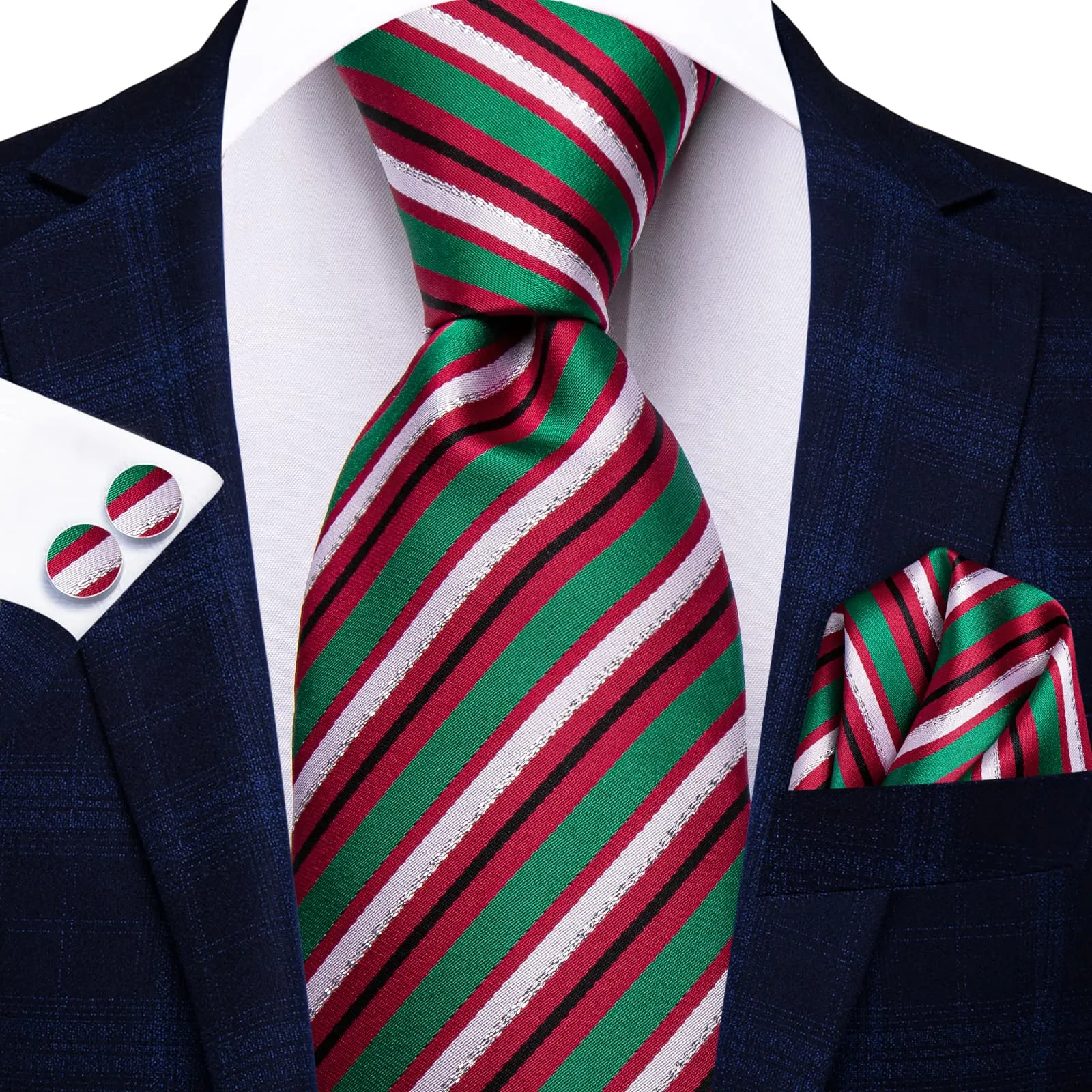 Hi-Tie Green Red White Striped Silk Men's Necktie Pocket Square Cufflinks Set