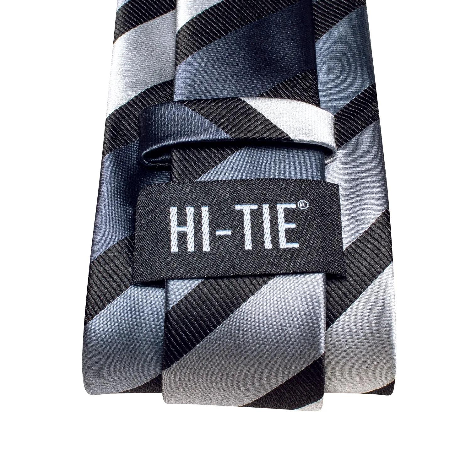 Hi-Tie Silver Grey Necktie Black Stripe Tie Handkerchief Cufflinks Set