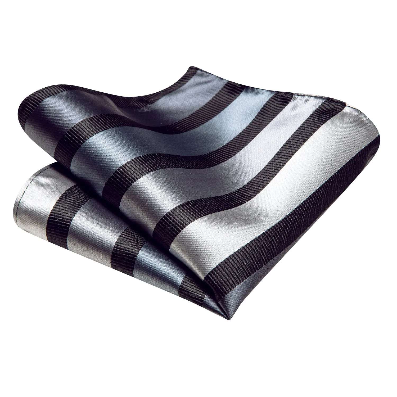 Hi-Tie Silver Grey Necktie Black Stripe Tie Handkerchief Cufflinks Set