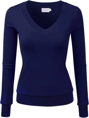 JJ Perfection Simple V-Neck Long Sleeve Pullover Essential Casual Soft Knit Fitted Sweaters for Womens Clothes with Plus Size