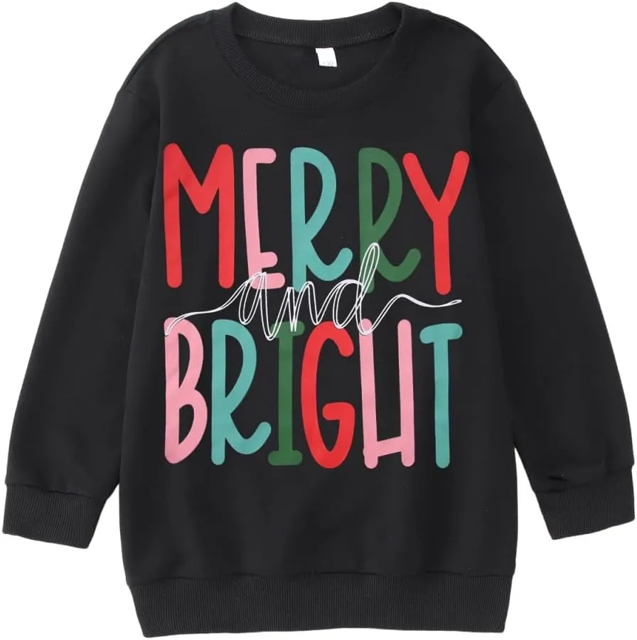 MODNTOGA Kids Boy Girl Merry and Bright Crewneck Sweatshirt Merry Christmas Sweatshirt Retro Xmas Long Sleeve Pullover Tops