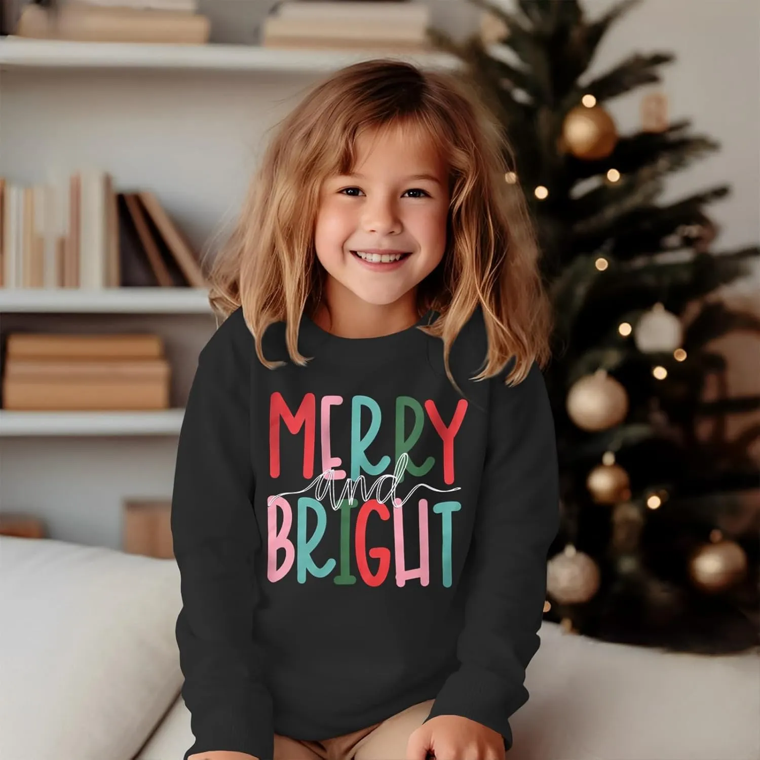MODNTOGA Kids Boy Girl Merry and Bright Crewneck Sweatshirt Merry Christmas Sweatshirt Retro Xmas Long Sleeve Pullover Tops