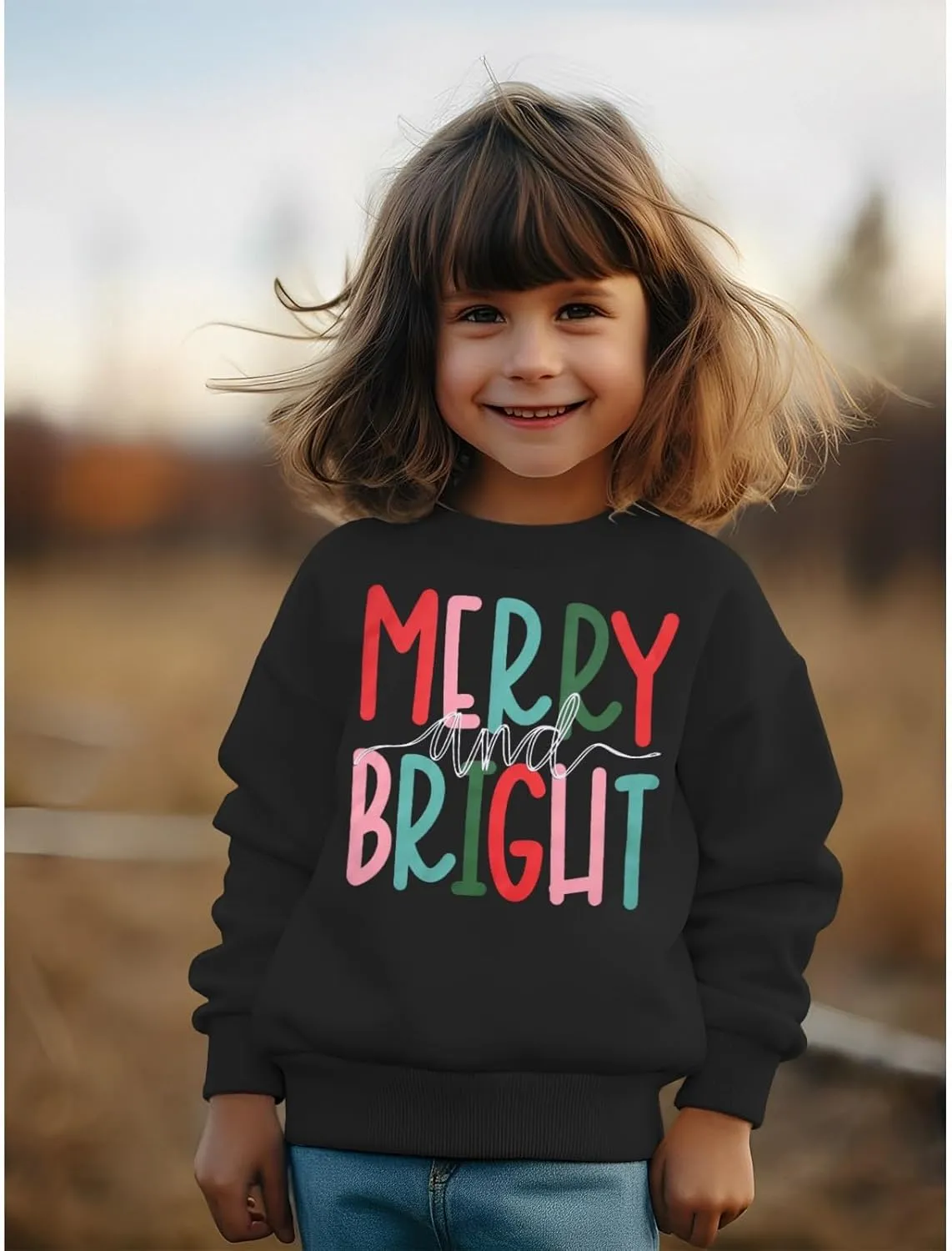 MODNTOGA Kids Boy Girl Merry and Bright Crewneck Sweatshirt Merry Christmas Sweatshirt Retro Xmas Long Sleeve Pullover Tops