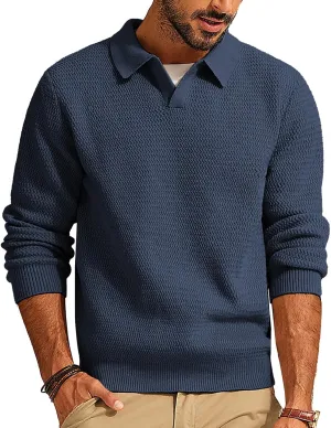 PJ PAUL JONES Men's Polo Shirts Long Sleeve Knit Polo Sweater Cable Knit Textured Sweater