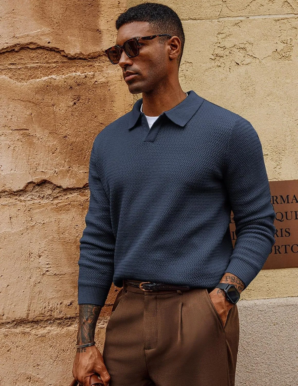 PJ PAUL JONES Men's Polo Shirts Long Sleeve Knit Polo Sweater Cable Knit Textured Sweater