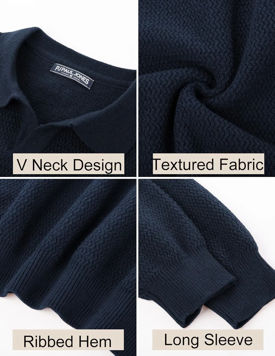 PJ PAUL JONES Men's Polo Shirts Long Sleeve Knit Polo Sweater Cable Knit Textured Sweater