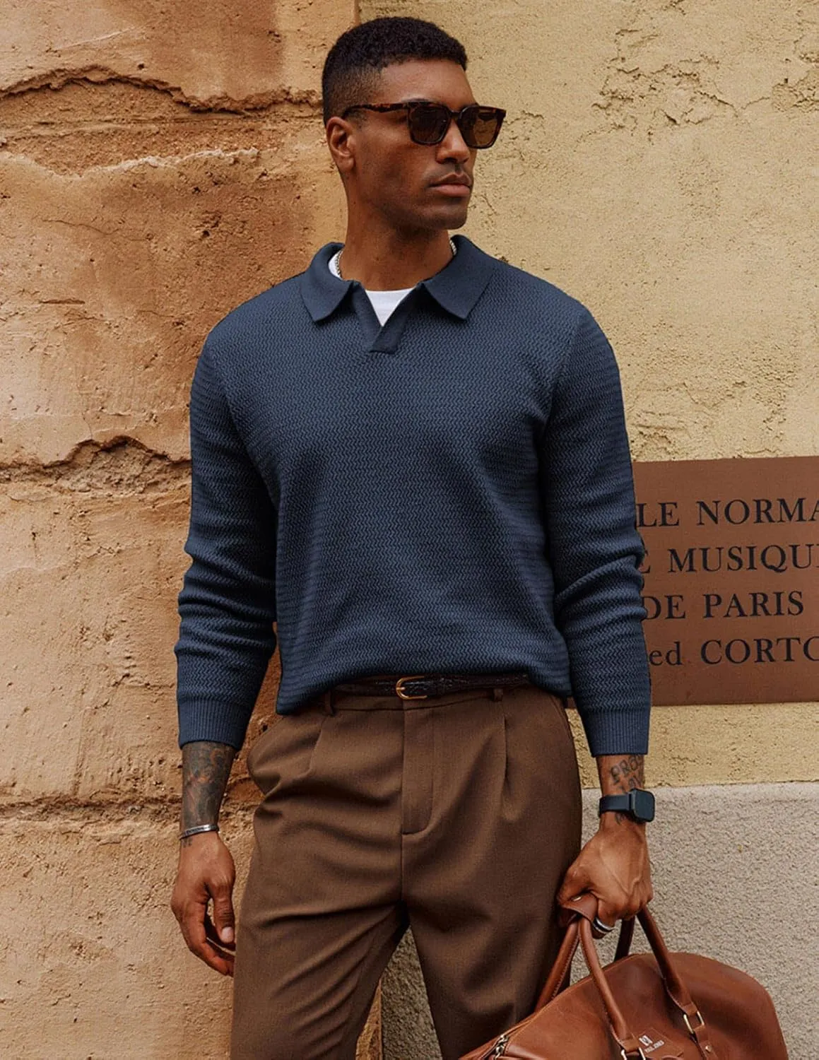 PJ PAUL JONES Men's Polo Shirts Long Sleeve Knit Polo Sweater Cable Knit Textured Sweater
