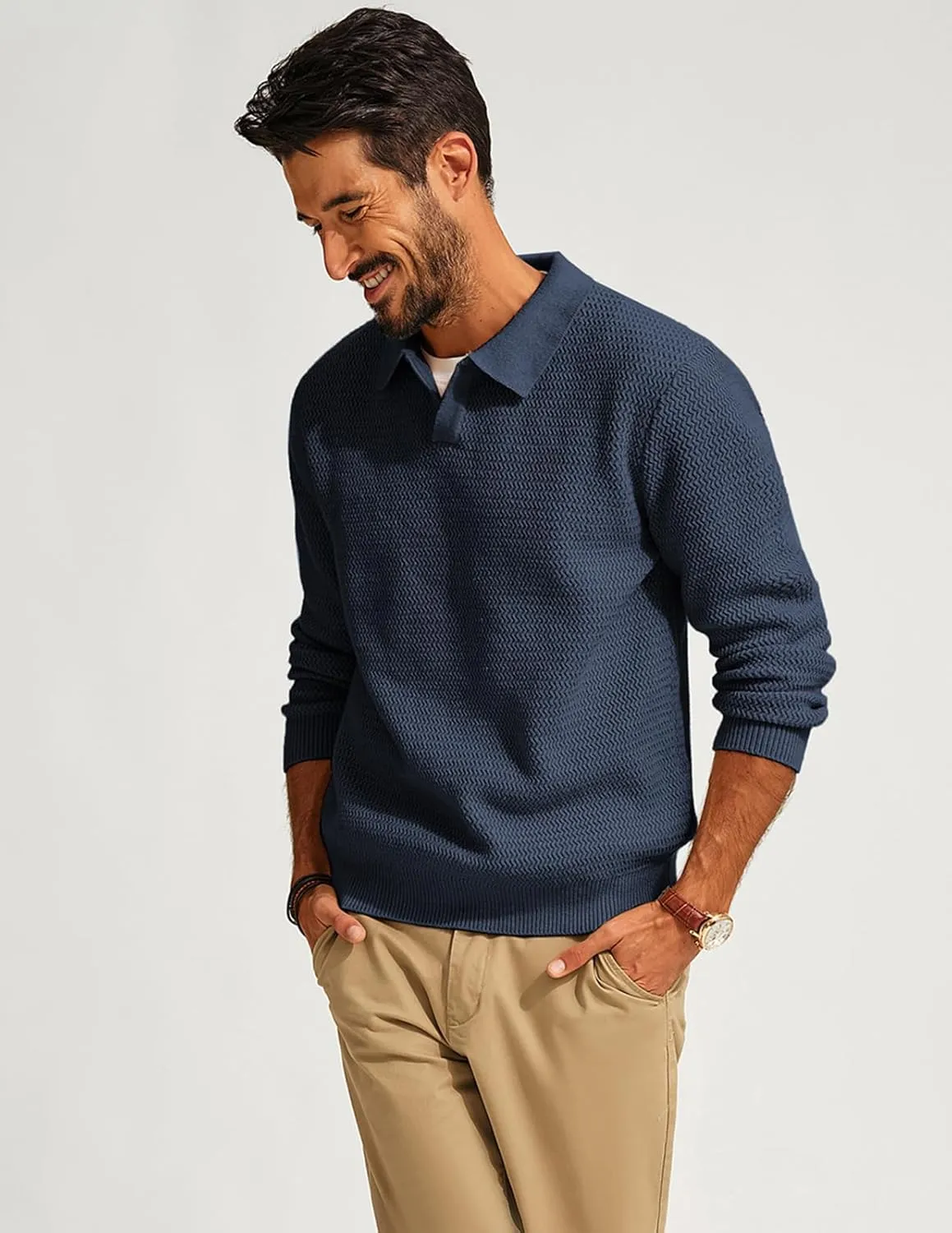 PJ PAUL JONES Men's Polo Shirts Long Sleeve Knit Polo Sweater Cable Knit Textured Sweater