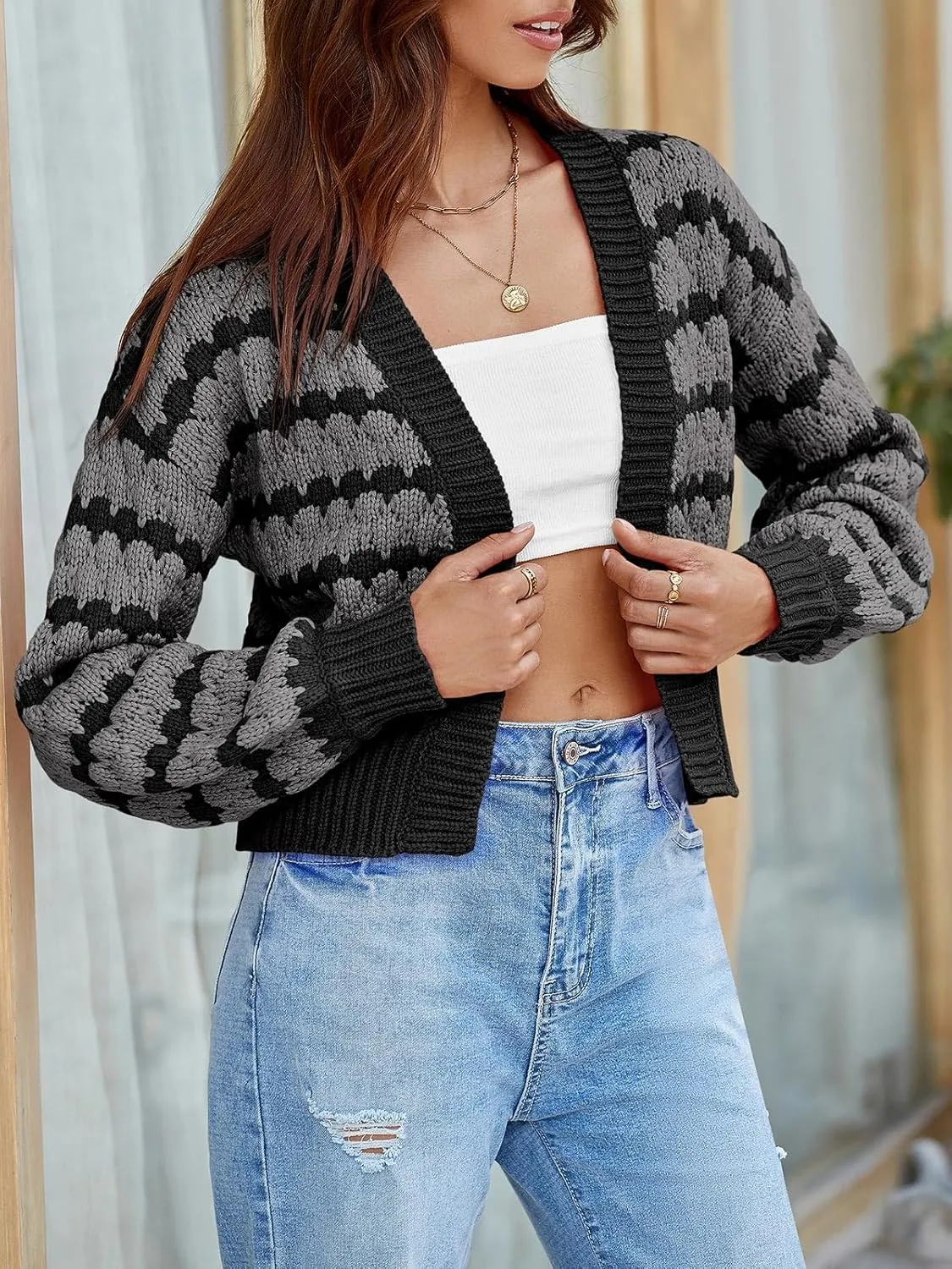 Saodimallsu Womens Cropped Cardigan Striped Open Front Long Lantern Sleeve Color Block Loose Chunky Knit Sweater Coat