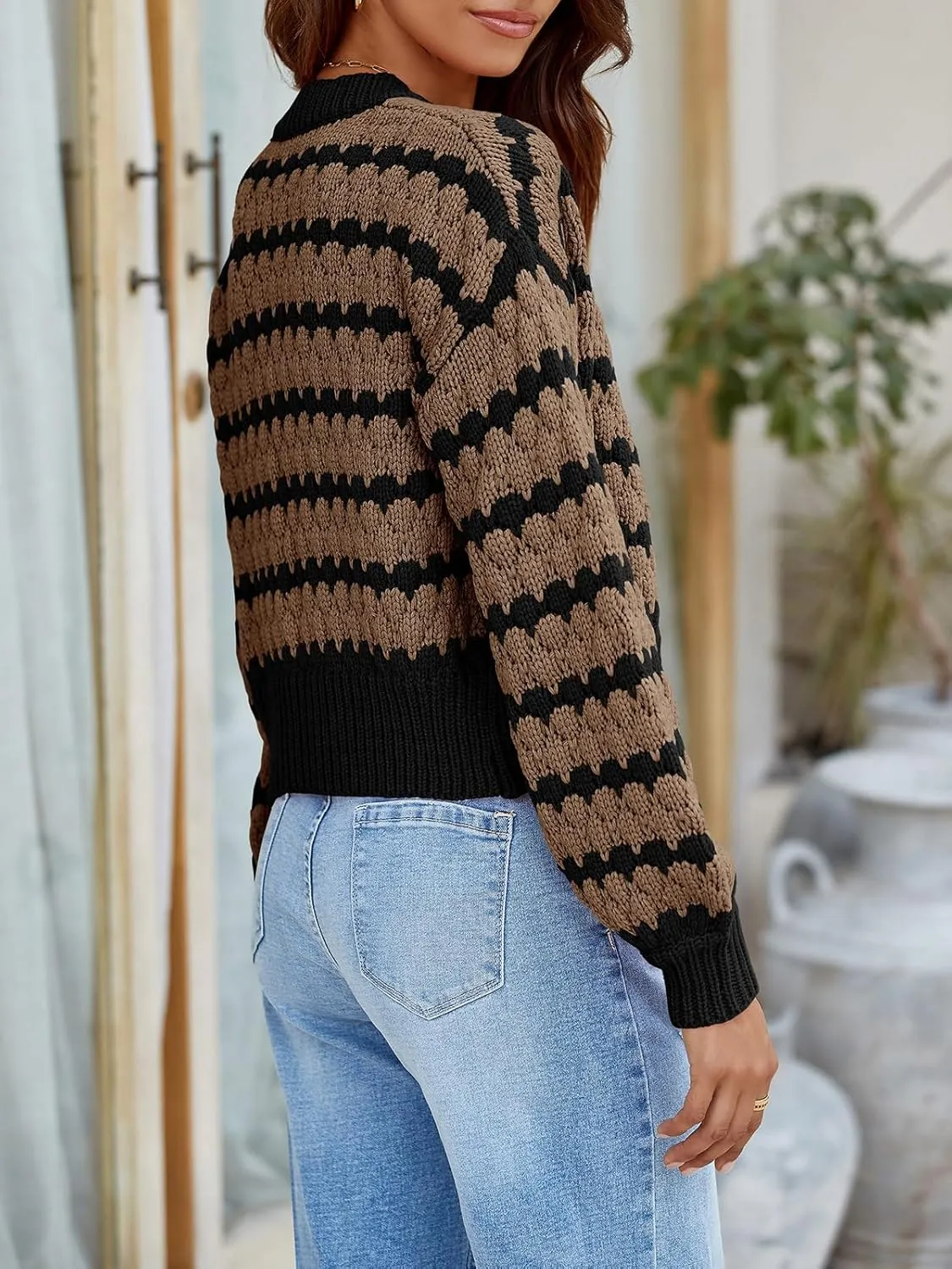 Saodimallsu Womens Cropped Cardigan Striped Open Front Long Lantern Sleeve Color Block Loose Chunky Knit Sweater Coat
