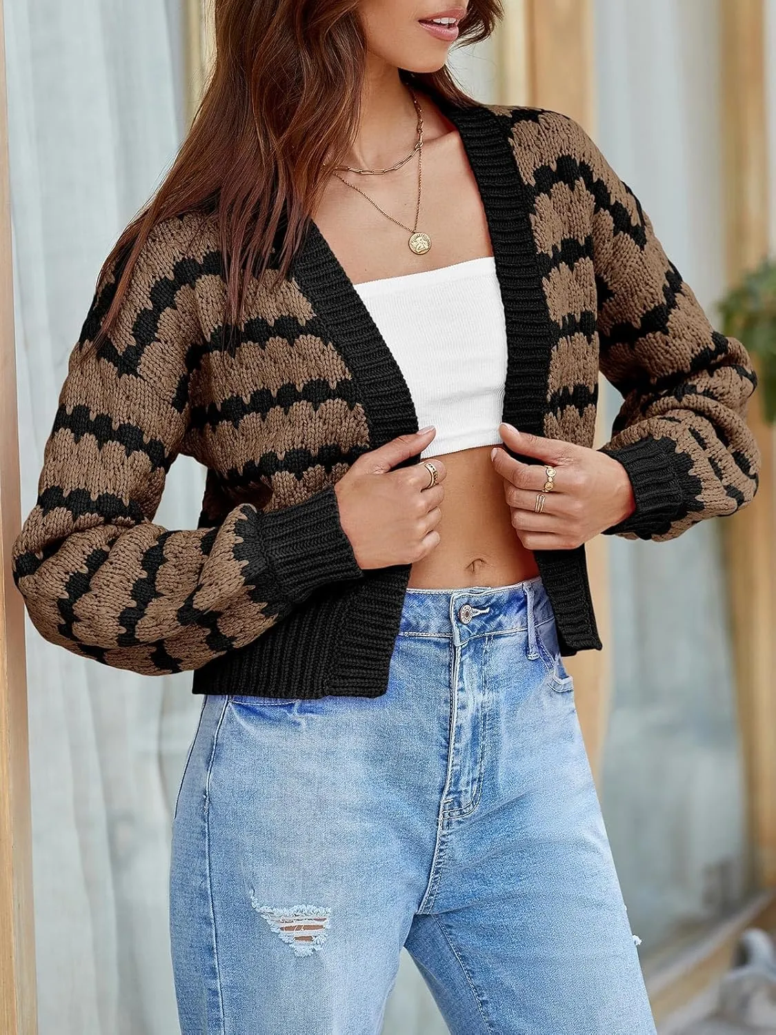 Saodimallsu Womens Cropped Cardigan Striped Open Front Long Lantern Sleeve Color Block Loose Chunky Knit Sweater Coat