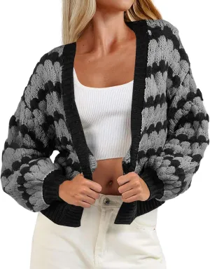 Saodimallsu Womens Cropped Cardigan Striped Open Front Long Lantern Sleeve Color Block Loose Chunky Knit Sweater Coat