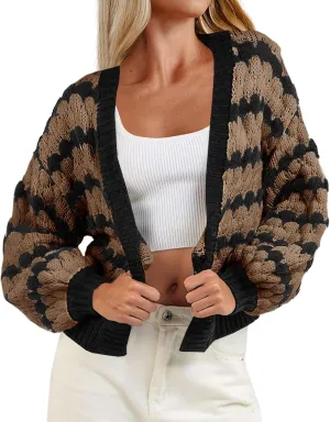 Saodimallsu Womens Cropped Cardigan Striped Open Front Long Lantern Sleeve Color Block Loose Chunky Knit Sweater Coat