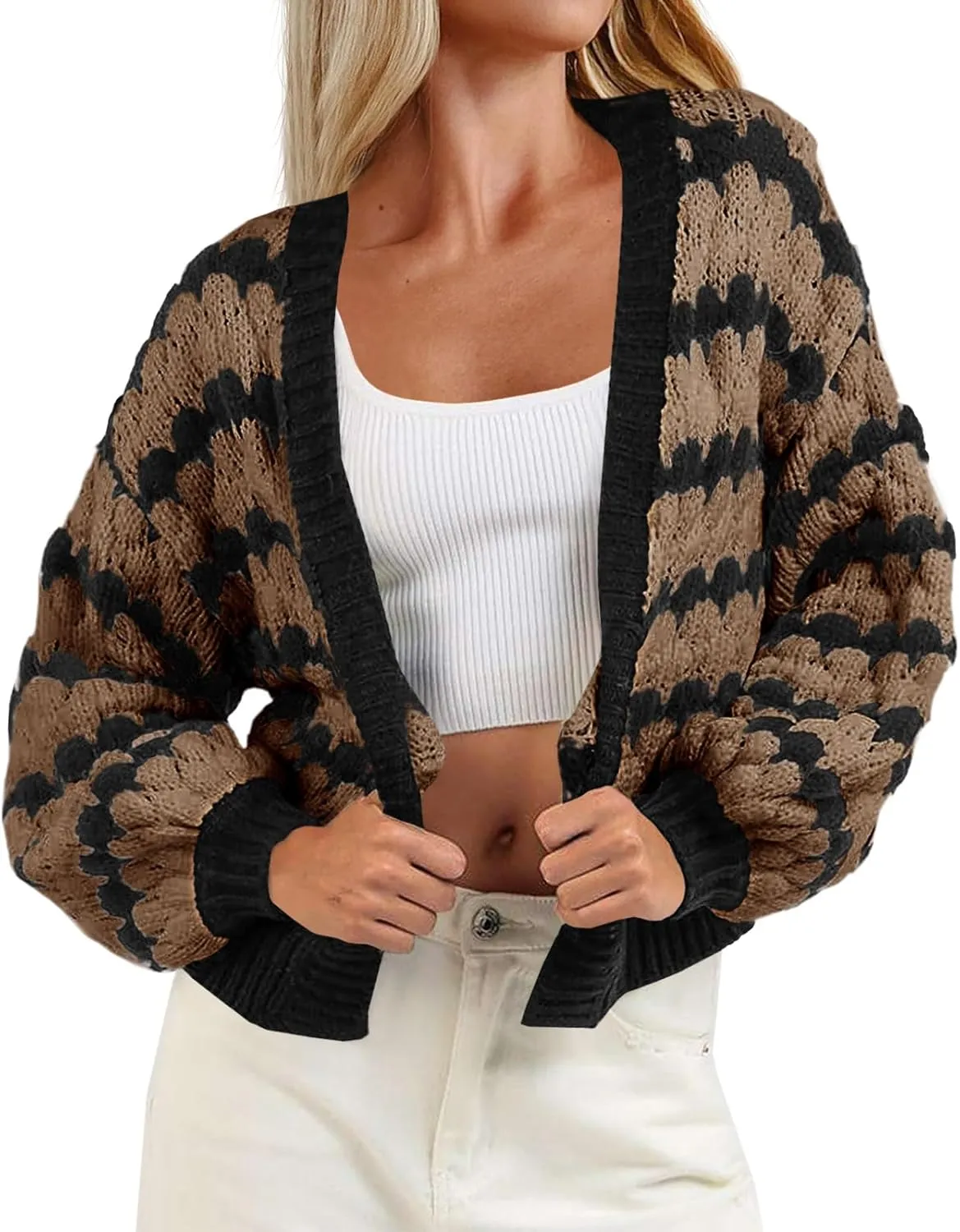 Saodimallsu Womens Cropped Cardigan Striped Open Front Long Lantern Sleeve Color Block Loose Chunky Knit Sweater Coat