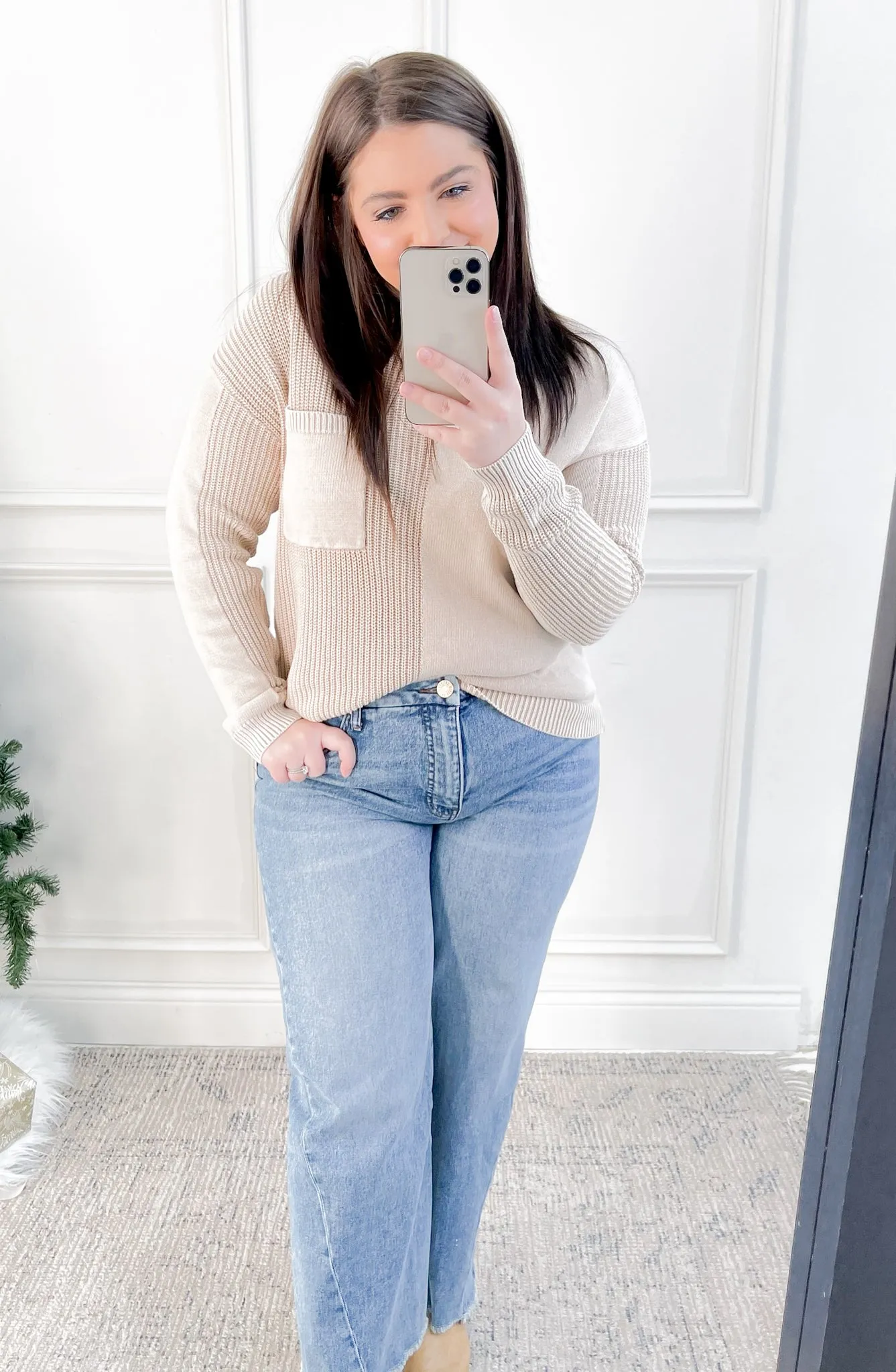 Washed Yarn Texture Contrast Sweater