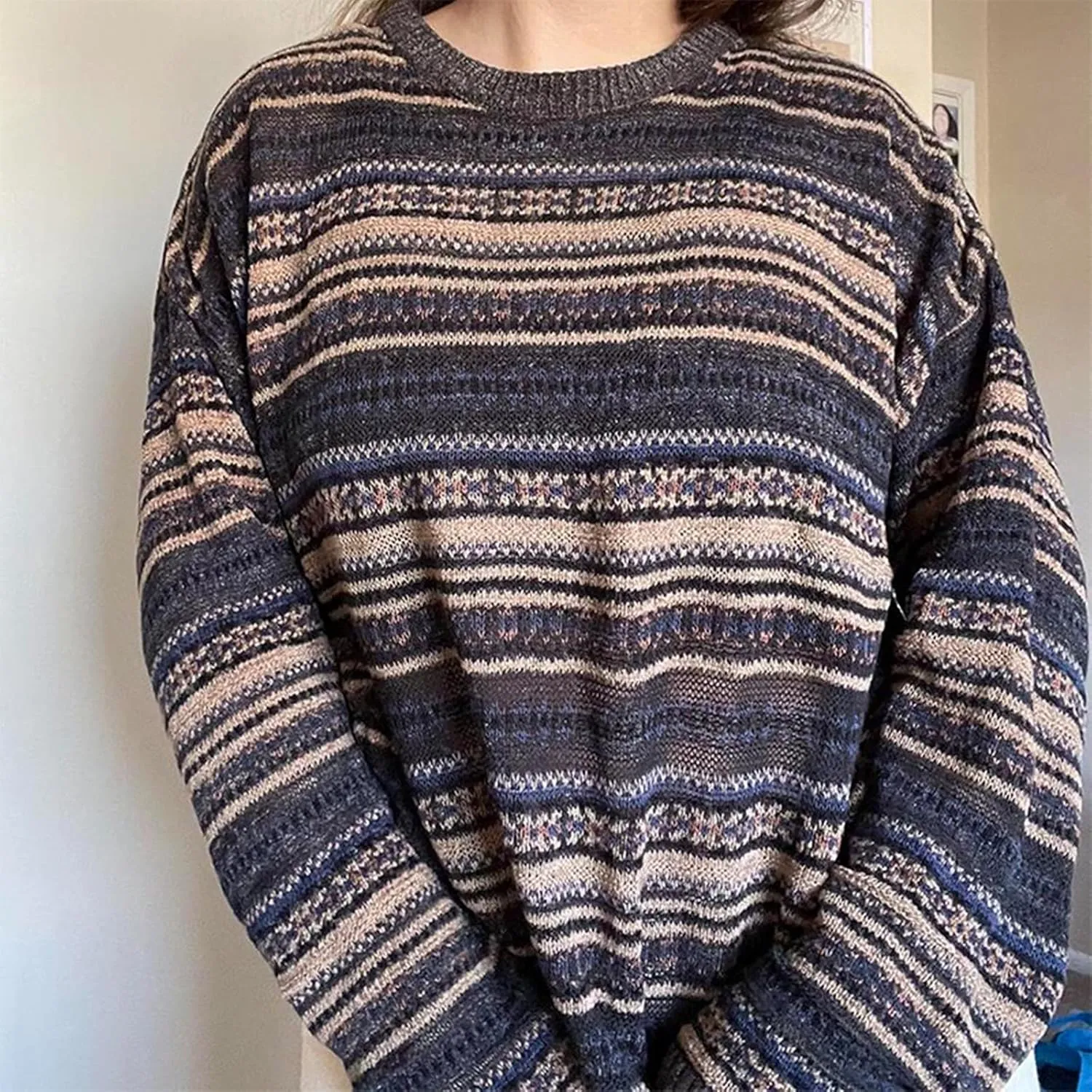 Women Y2K Argyle Striped Pullover Sweater Casual Long Sleeve Round Neck Vintage Preppy Style Pullover Knitwear