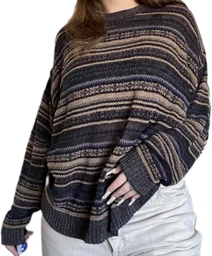 Women Y2K Argyle Striped Pullover Sweater Casual Long Sleeve Round Neck Vintage Preppy Style Pullover Knitwear
