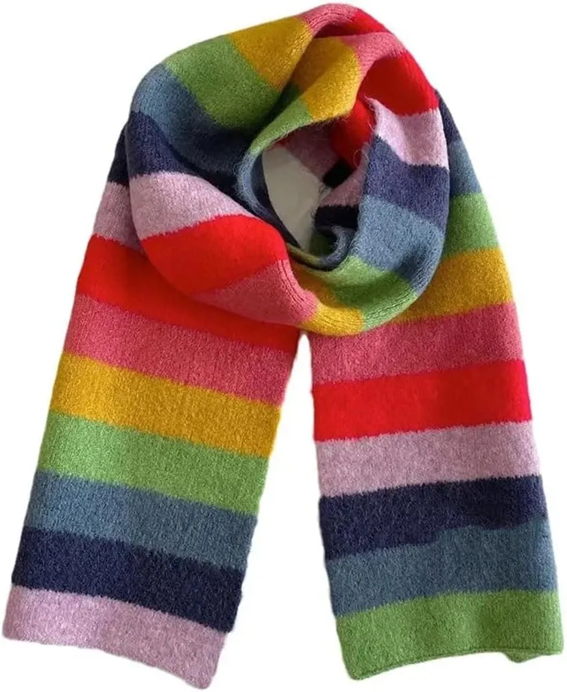Women's Rainbow Striped Wool Scarf - Warm Short Scarf for Winter