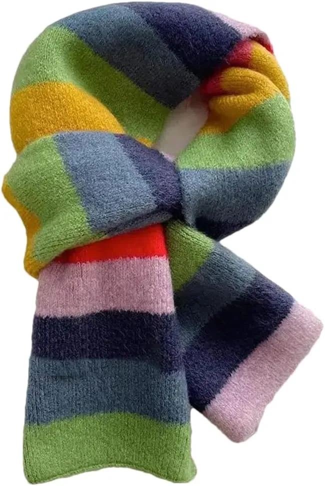 Women's Rainbow Striped Wool Scarf - Warm Short Scarf for Winter