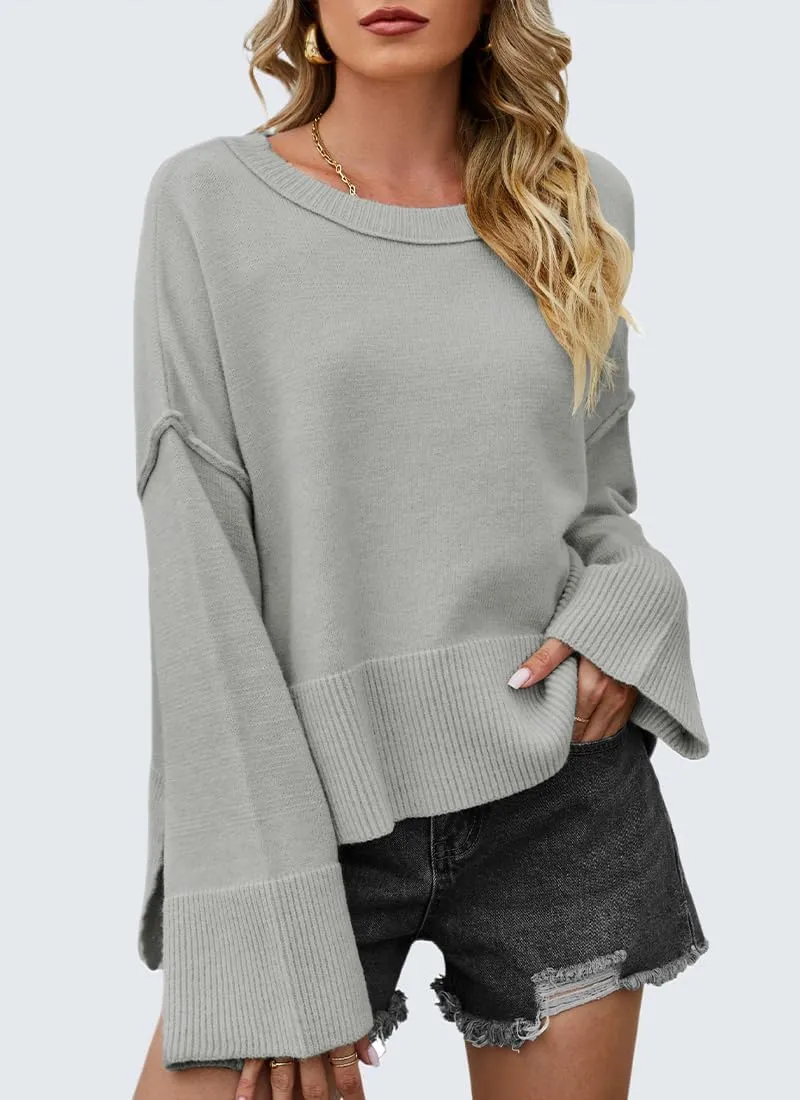 Womens Sweaters Fall 2024 Oversized Lightweight Crewneck Bell-Style Sleeve Batwing Knit Tops Pullover Jumpers