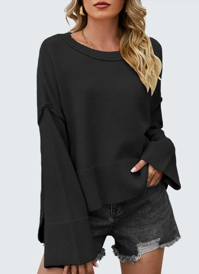 Womens Sweaters Fall 2024 Oversized Lightweight Crewneck Bell-Style Sleeve Batwing Knit Tops Pullover Jumpers