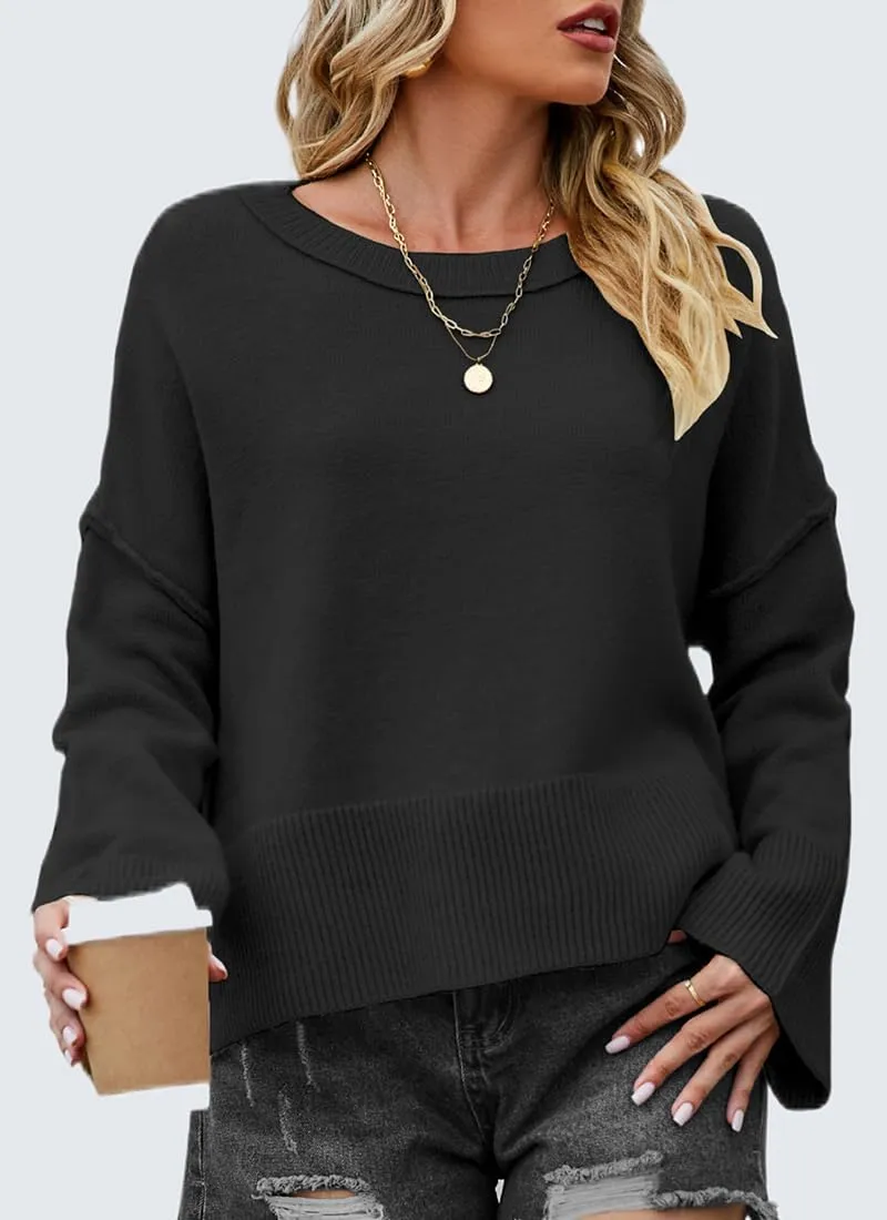 Womens Sweaters Fall 2024 Oversized Lightweight Crewneck Bell-Style Sleeve Batwing Knit Tops Pullover Jumpers