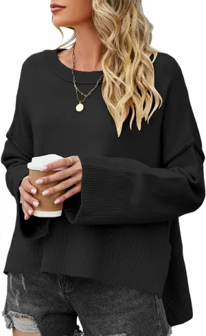 Womens Sweaters Fall 2024 Oversized Lightweight Crewneck Bell-Style Sleeve Batwing Knit Tops Pullover Jumpers