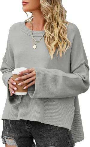 Womens Sweaters Fall 2024 Oversized Lightweight Crewneck Bell-Style Sleeve Batwing Knit Tops Pullover Jumpers