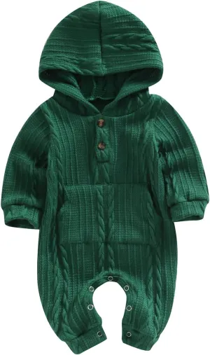 Ynibbim Winter Newborn Baby Boy Girl Solid Romper Unisex Infants Hooded Outfit Clothes Waffle Cotton Button Jumpsuits