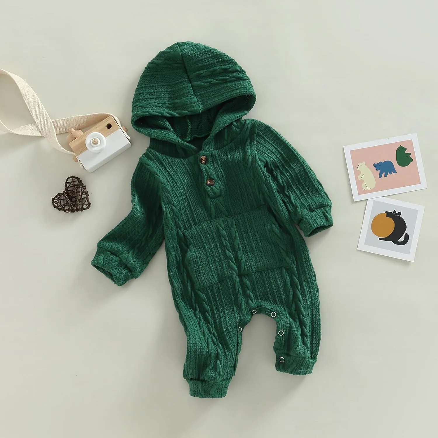 Ynibbim Winter Newborn Baby Boy Girl Solid Romper Unisex Infants Hooded Outfit Clothes Waffle Cotton Button Jumpsuits