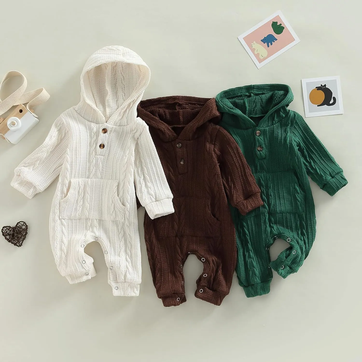 Ynibbim Winter Newborn Baby Boy Girl Solid Romper Unisex Infants Hooded Outfit Clothes Waffle Cotton Button Jumpsuits