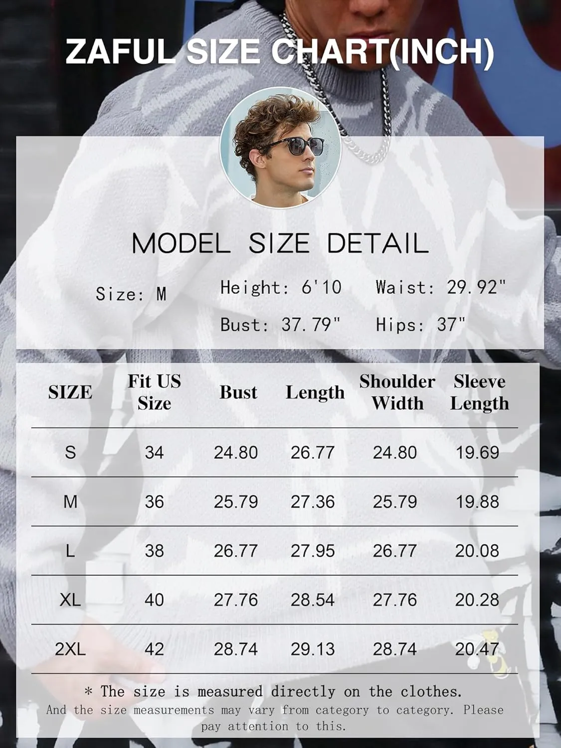 ZAFUL Men's Oversized Sweater Long Sleeve Crewneck Y2K Graphic Color Block Casual Knitted Pullover Sweater